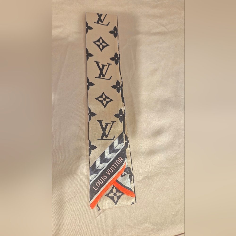 Louis Vuitton Monogram Silk Twilly Scarf - Beige & Black with Orange Accent